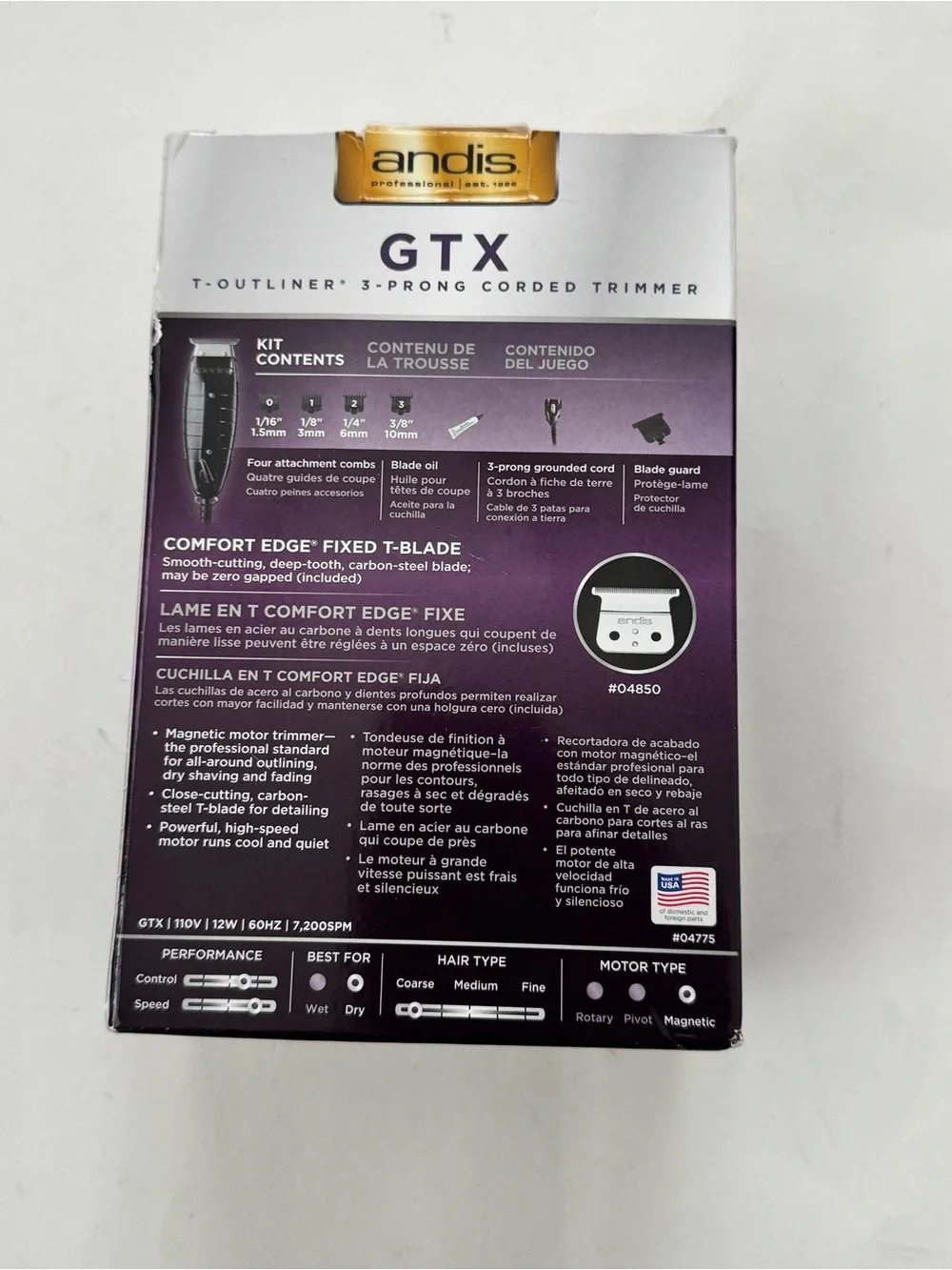 Andis GTX Fade Corded Professional Hair Trimmer Clipper Gold Metallic Box Combs